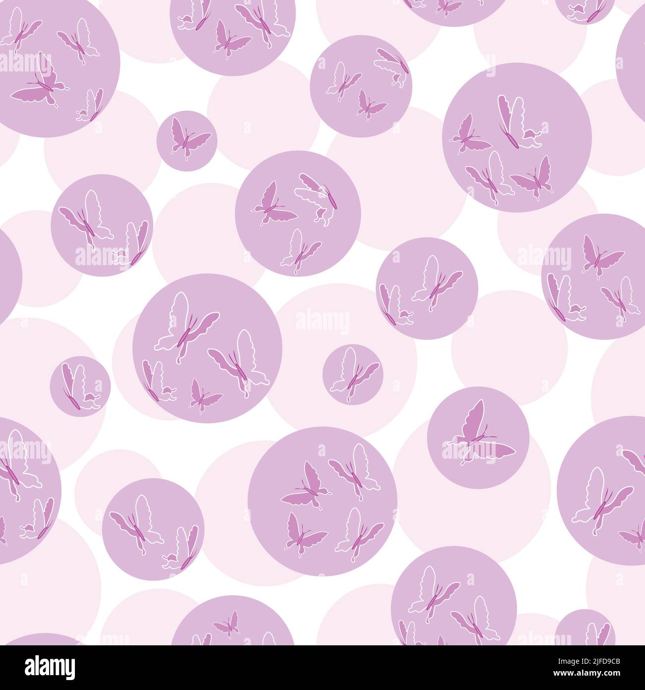 Purple violet butterflies in cute bubbles vector seamless pattern. Repeat background pattern Stock Vector