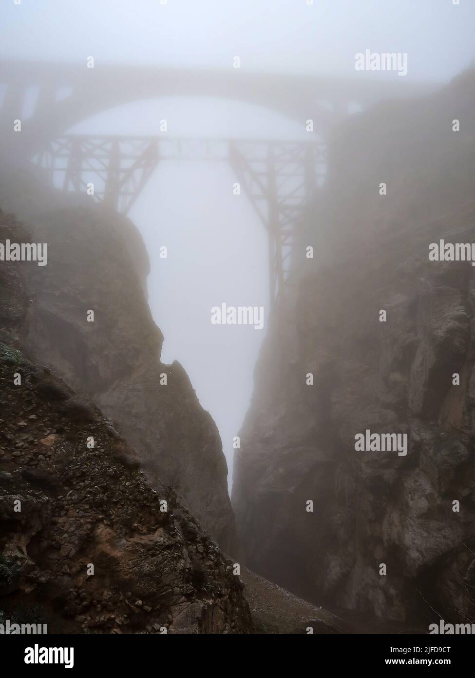 Veresk Bridge in the fog in the Iranian province of Mazandaran Stock Photo