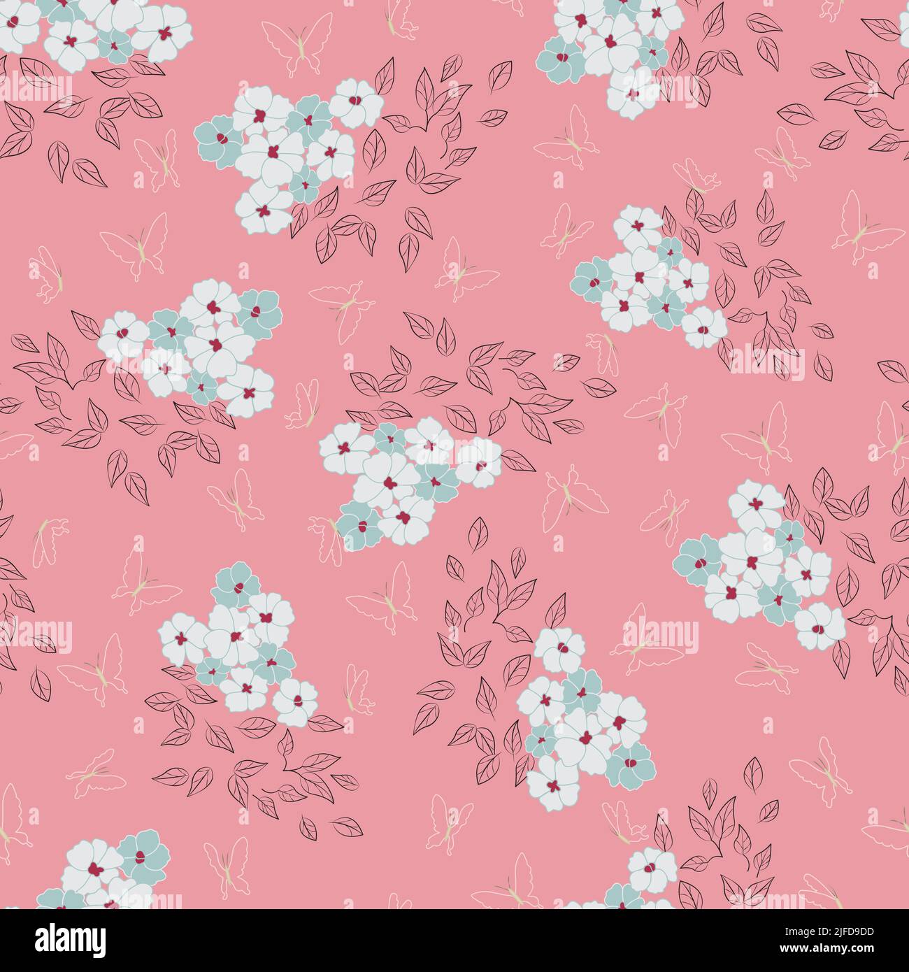 Vector pink butterflies garden seamless repeat pattern background. Stock Vector