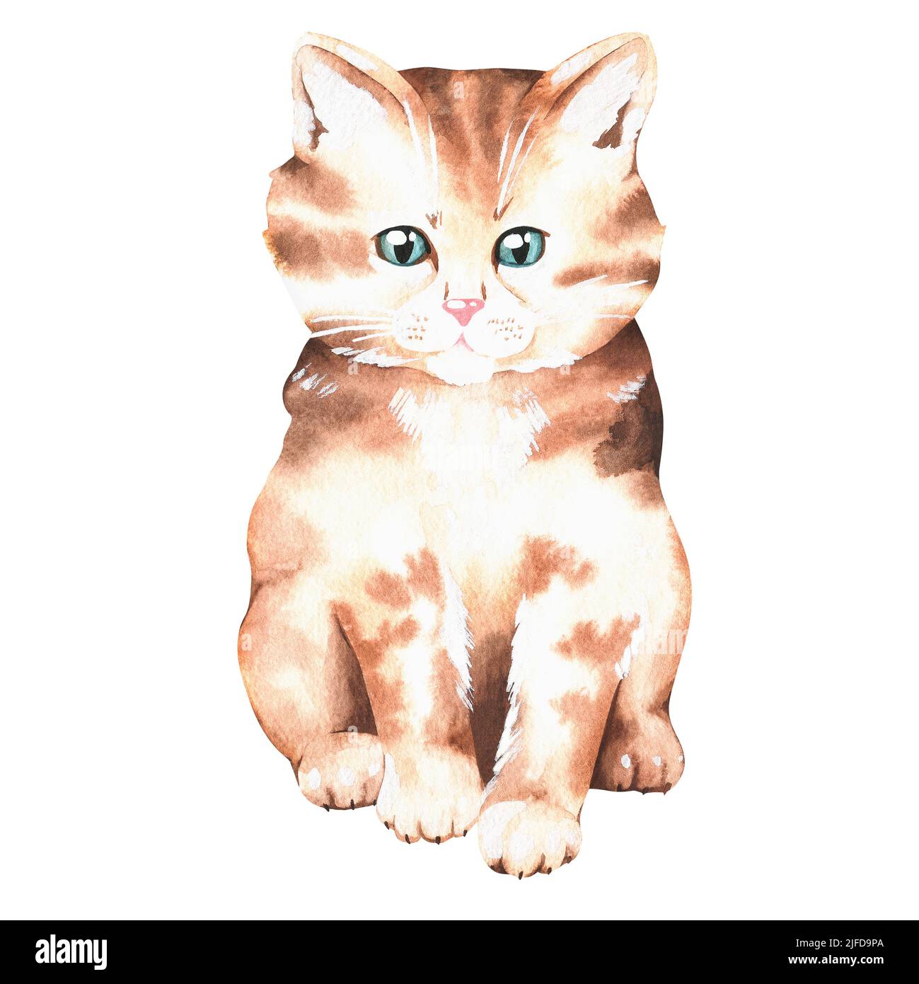 The striped kitten is sitting. Watercolor illustration. Isolated on a white background. For your design birthday greeting cards, baby products Stock Photo