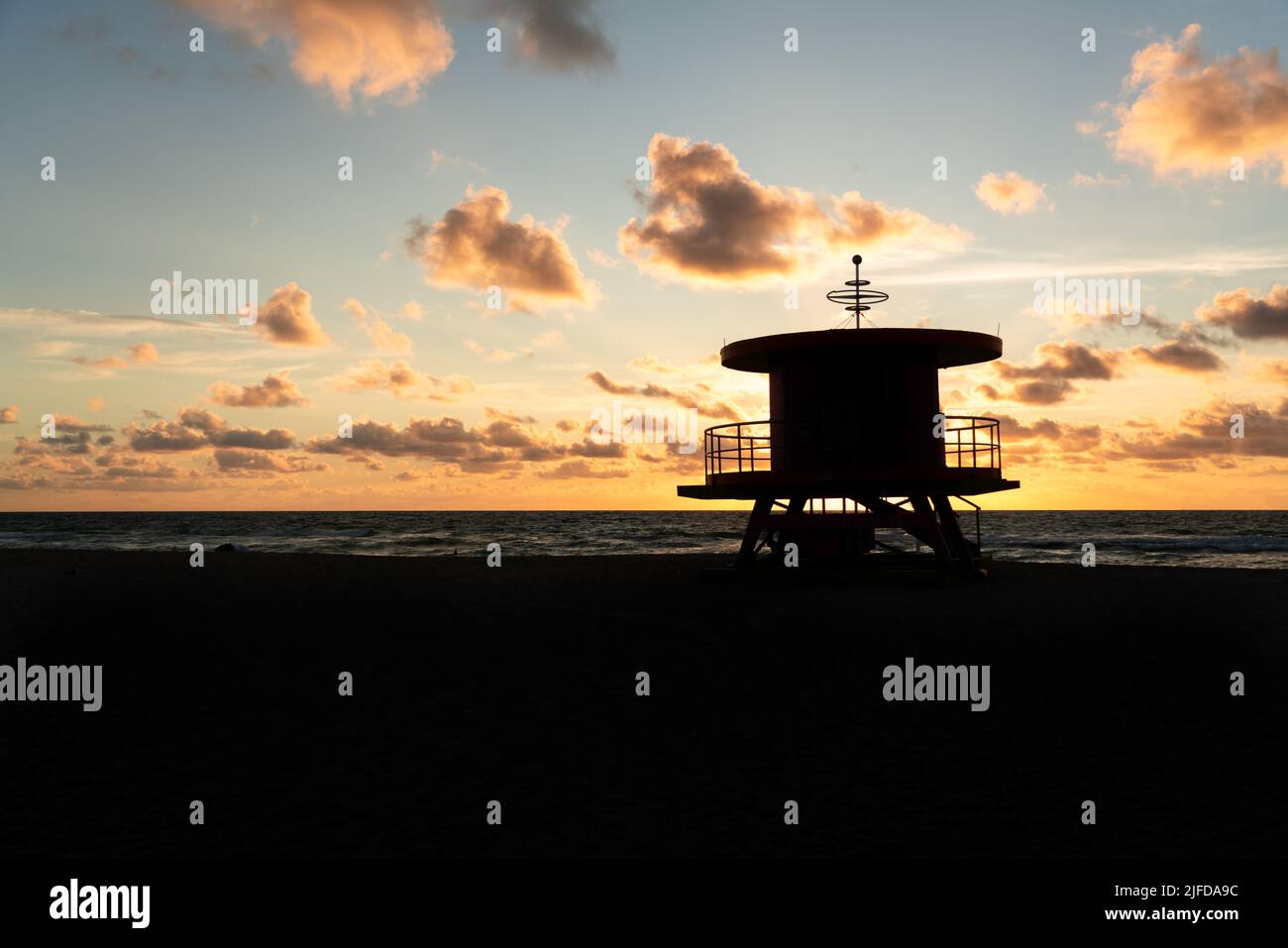 Silhouette of a lifeguard stand on Miami south beach Stock Photo