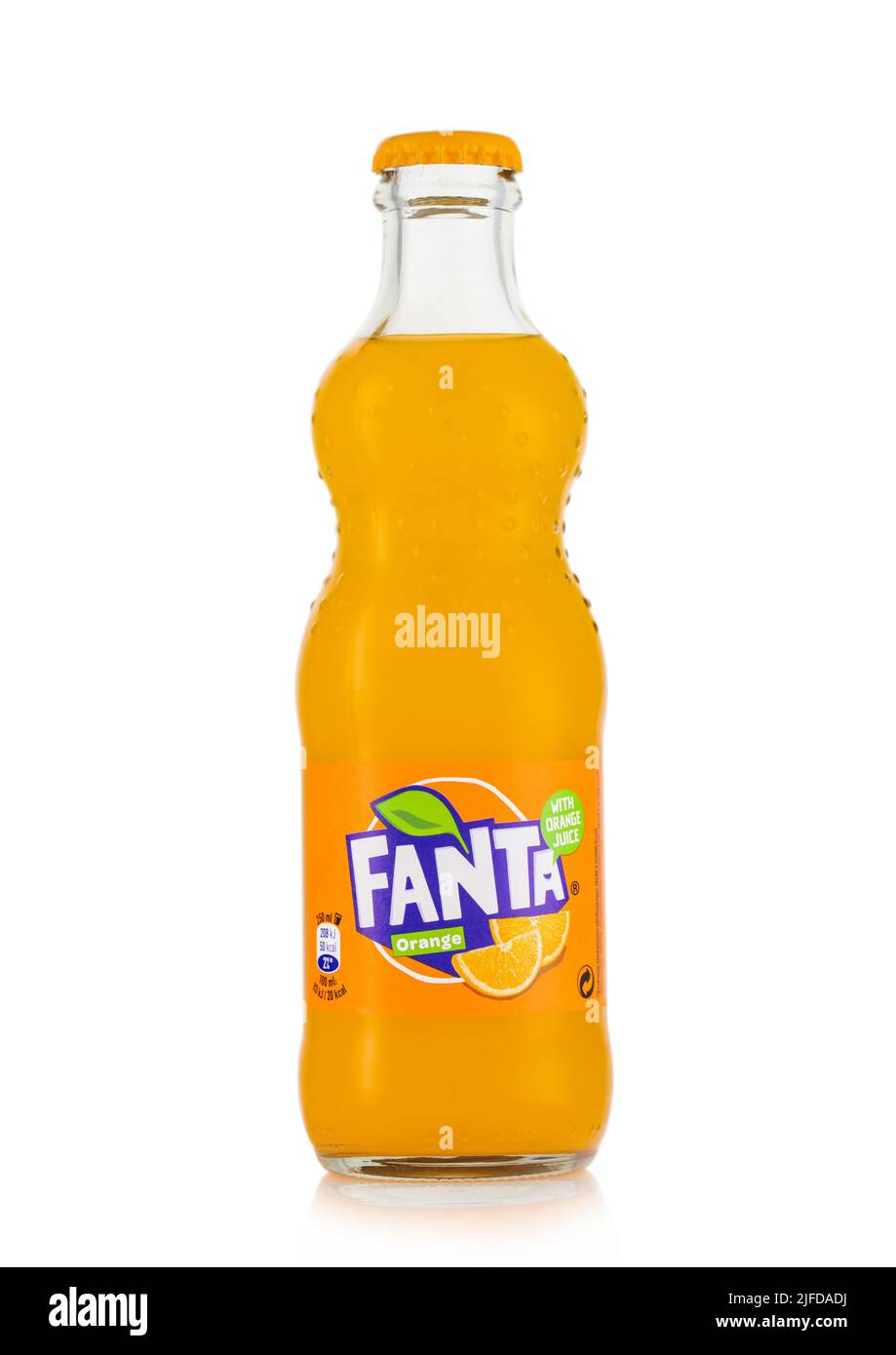 LONDON,UK - MAY 10, 2022: Fanta original orange soda drink in glass bottle on white. Stock Photo