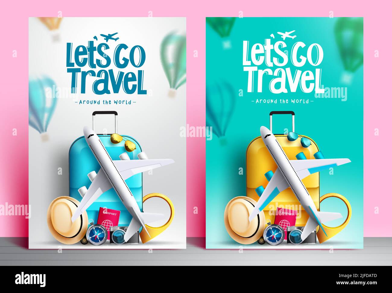 Travel around the world vector poster set. Let's go travel text with 3d