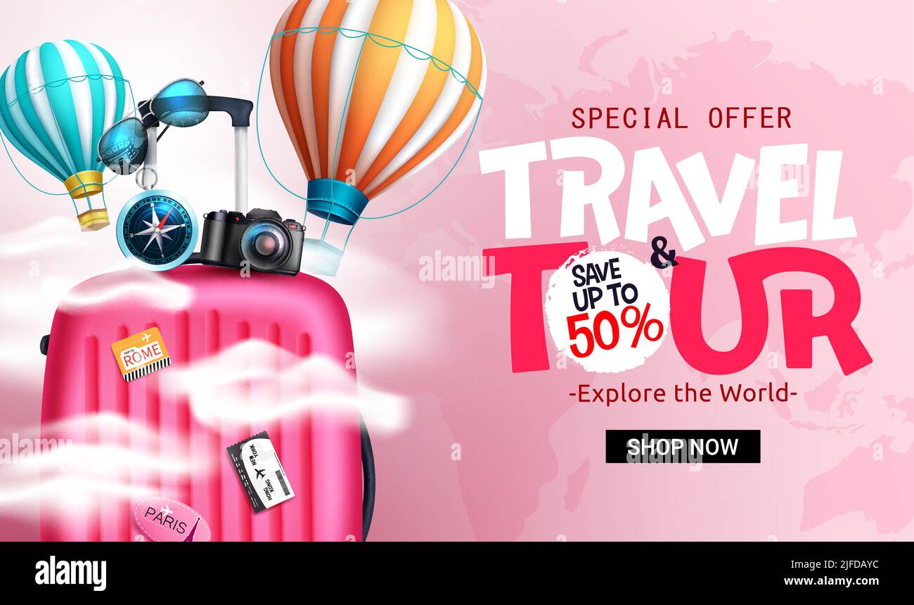Travel sale vector banner design. Travel and tour special offer text