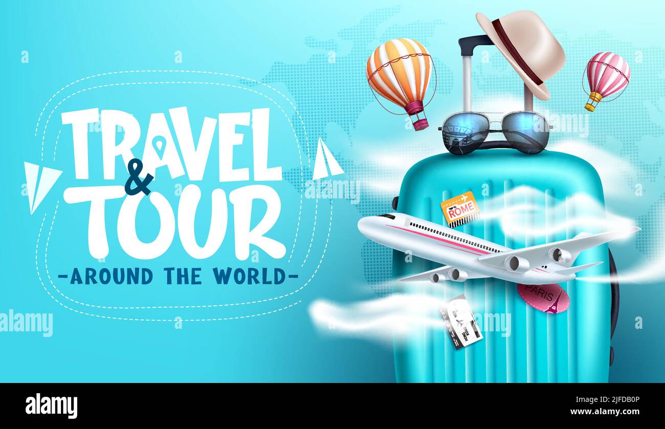 Travel worldwide vector background design. Travel and tour typography text with 3d luggage bag and airplane elements for international travelling. Stock Vector