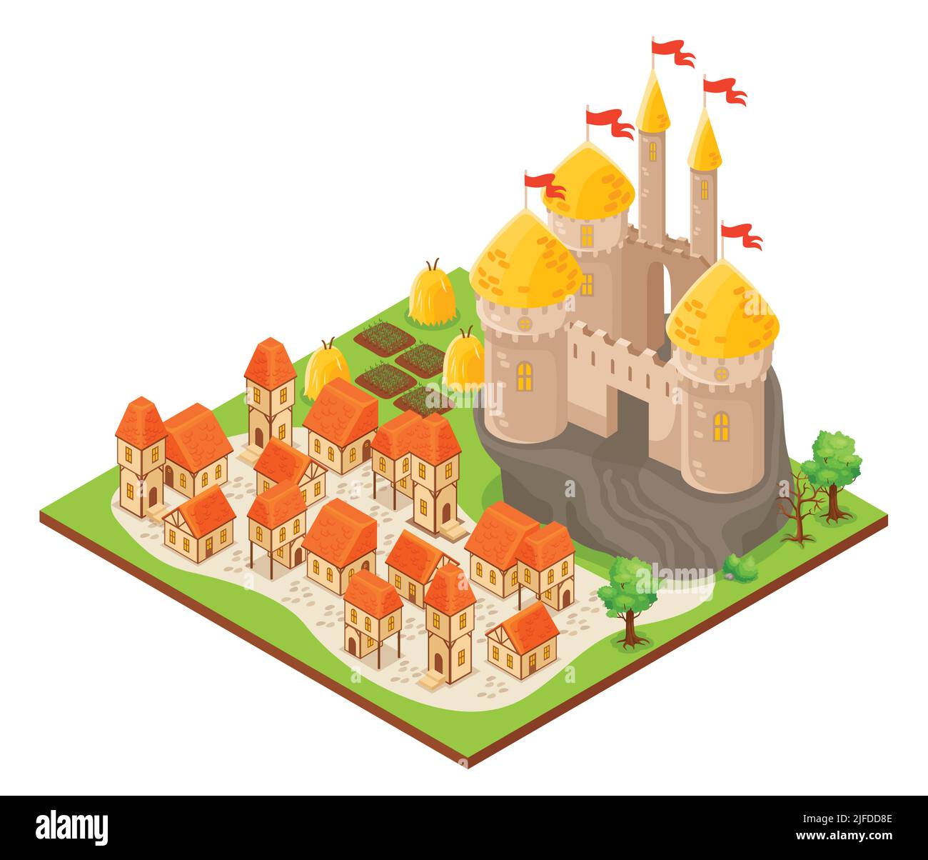 Isometric building of fantasy castle on rock city houses and field 3d vector illustration Stock Vector