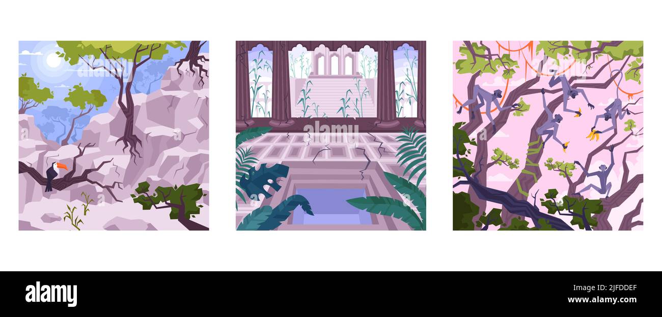 Set of three square compositions with flat landscapes cliffs and lianas with monkeys birds and castle vector illustration Stock Vector