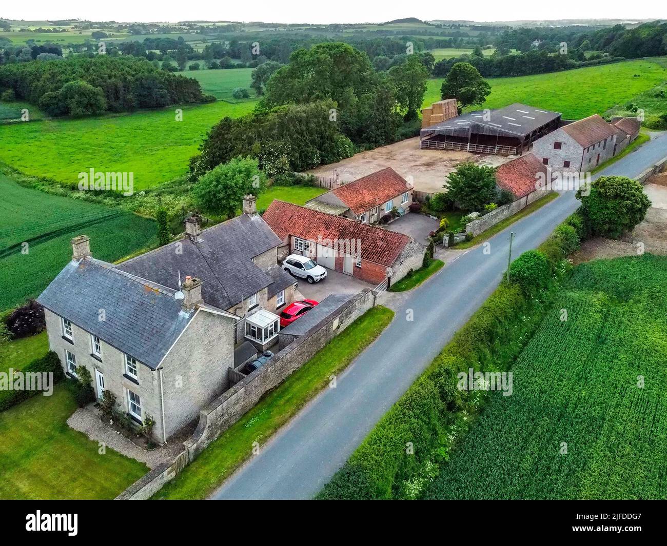 Aerial view of a farm in the countryside of North Yorkshire in the United Kingdom. Stock Photo