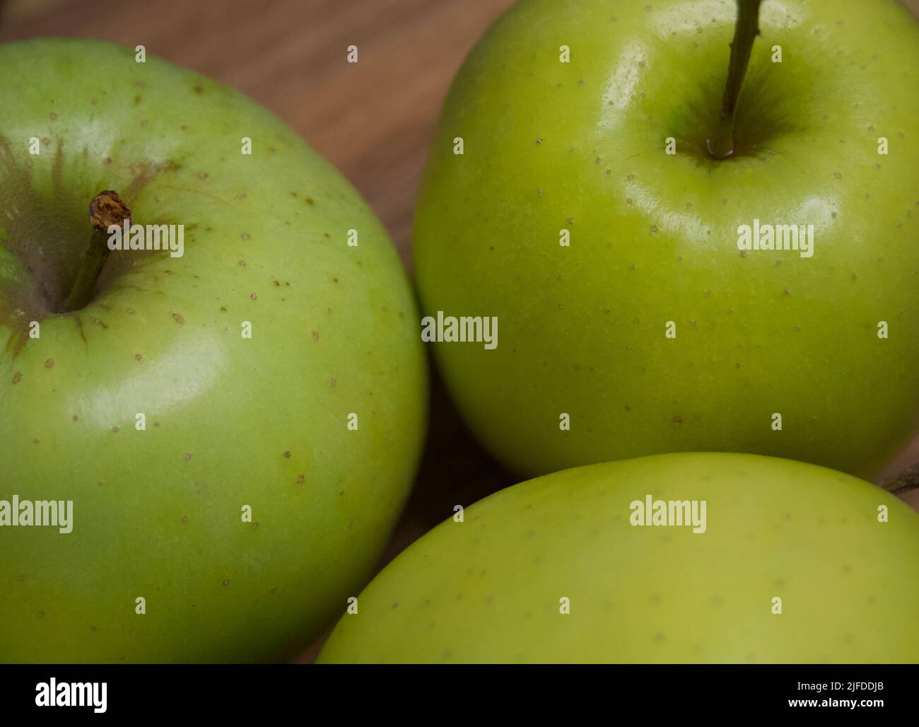 Renet simirenko green apples, top view, close-up. Macro shot of fruit. Stock Photo