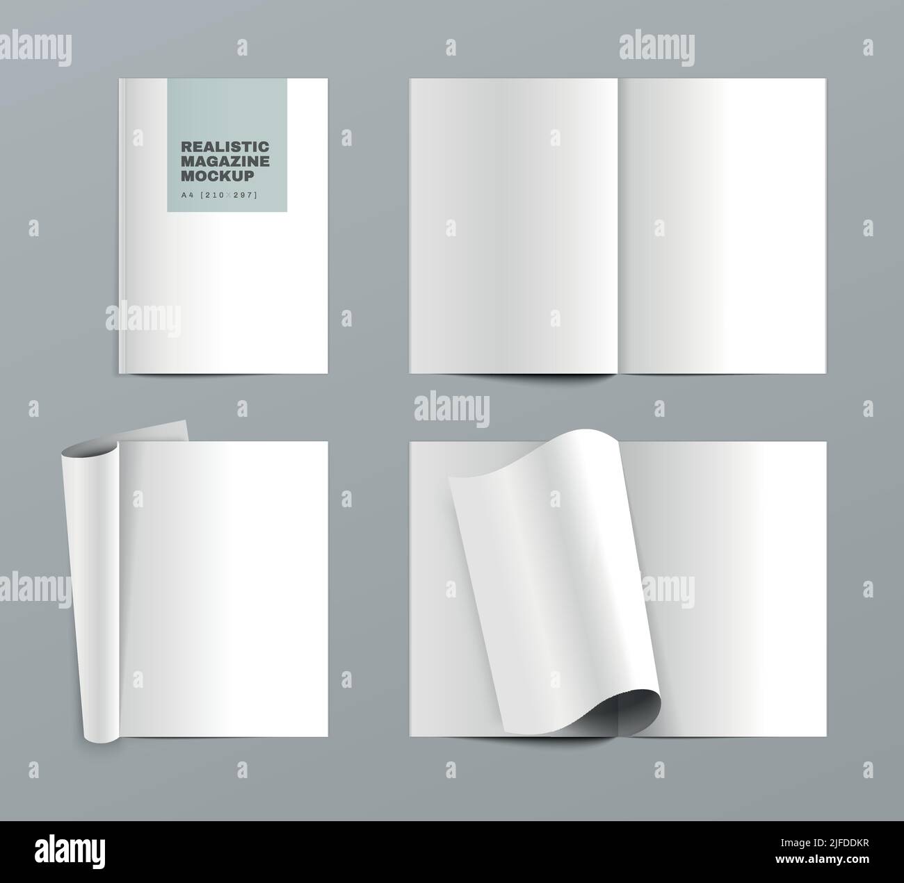 Magazine mockup realistic set of blank opened white paper sheets monochrome vector illustration Stock Vector