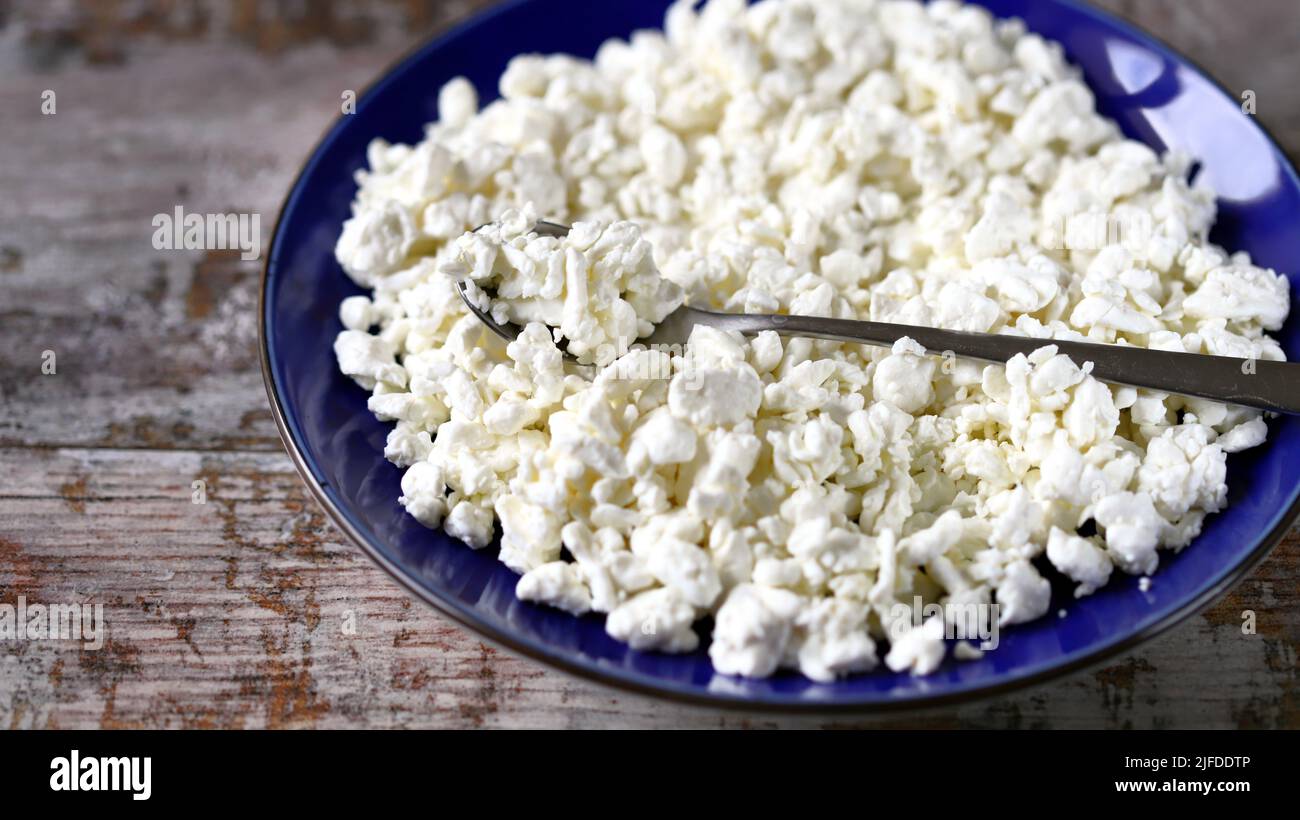 Fresh homemade cottage cheese in a bowl. Grain curd. Stock Photo