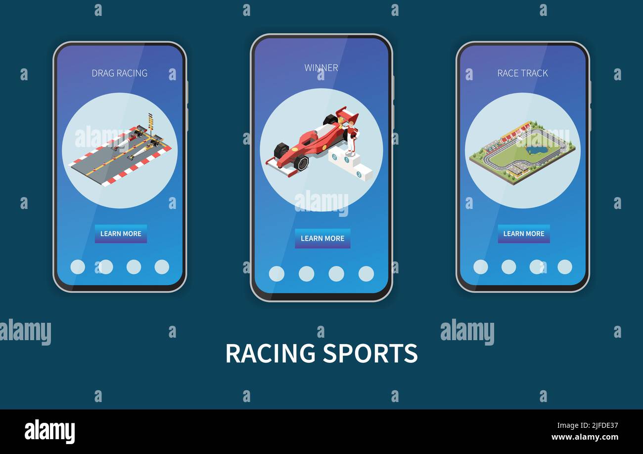 Car race isometric set of vertical banners inside mobile frames with ...