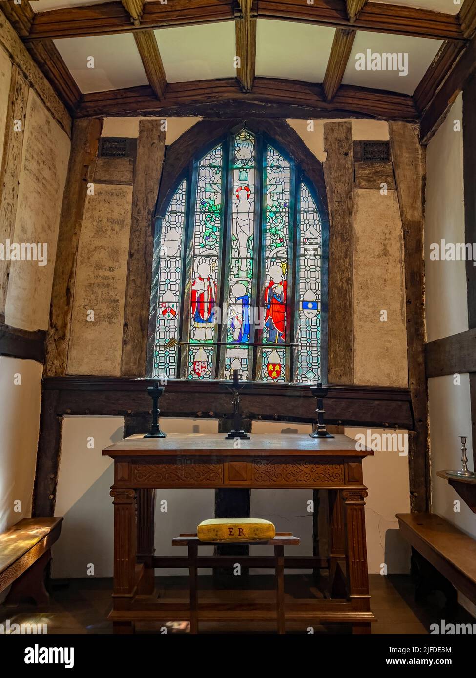 Small chapel in Little Moreton Hall, a 16th-century half-timbered Tudor Manor House near Congleton in Cheshire, northwest England. Stock Photo