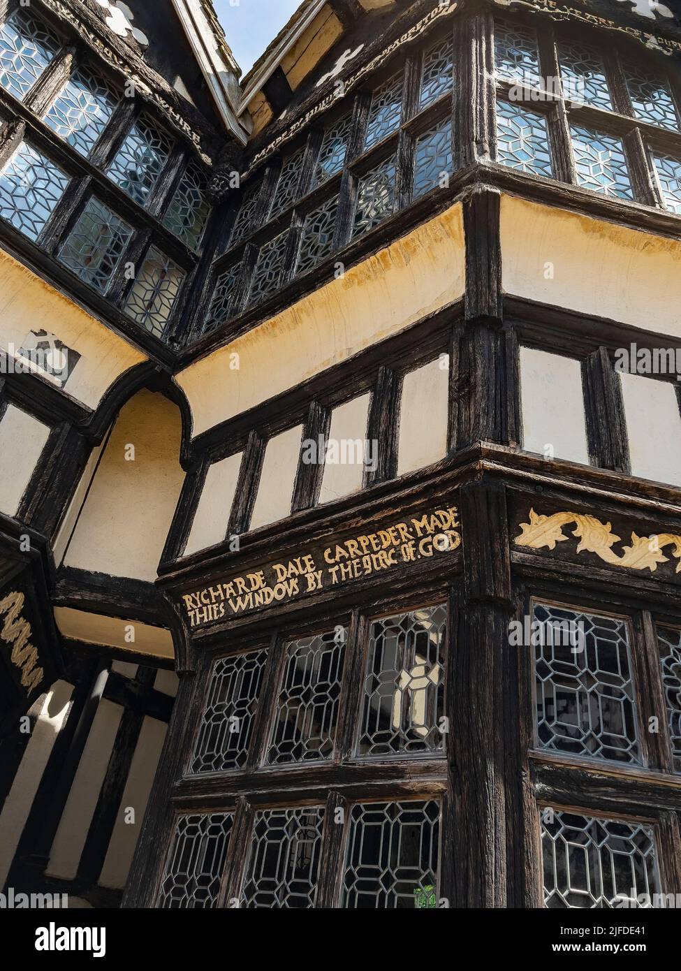 Detail on the exterior of Little Moreton Hall, a 16th-century half-timbered Tudor Manor House near Congleton in Cheshire, northwest England. Stock Photo