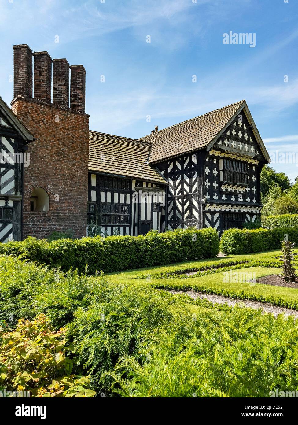 Little Moreton Hall, a 16th-century half-timbered Tudor Manor House near Congleton in Cheshire, northwest England. Stock Photo