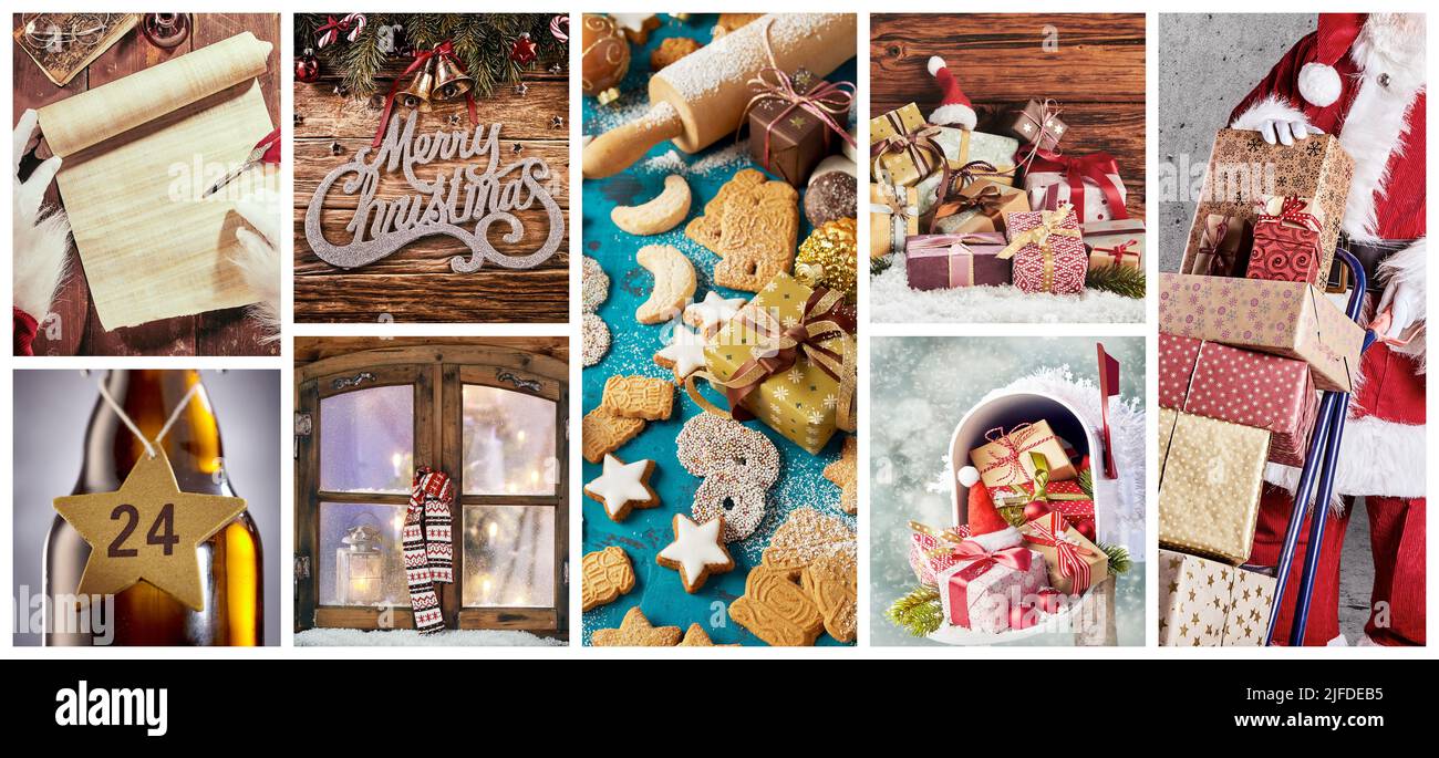 Collage with heap of Christmas presents and cookies and various decorations for holiday celebration Stock Photo
