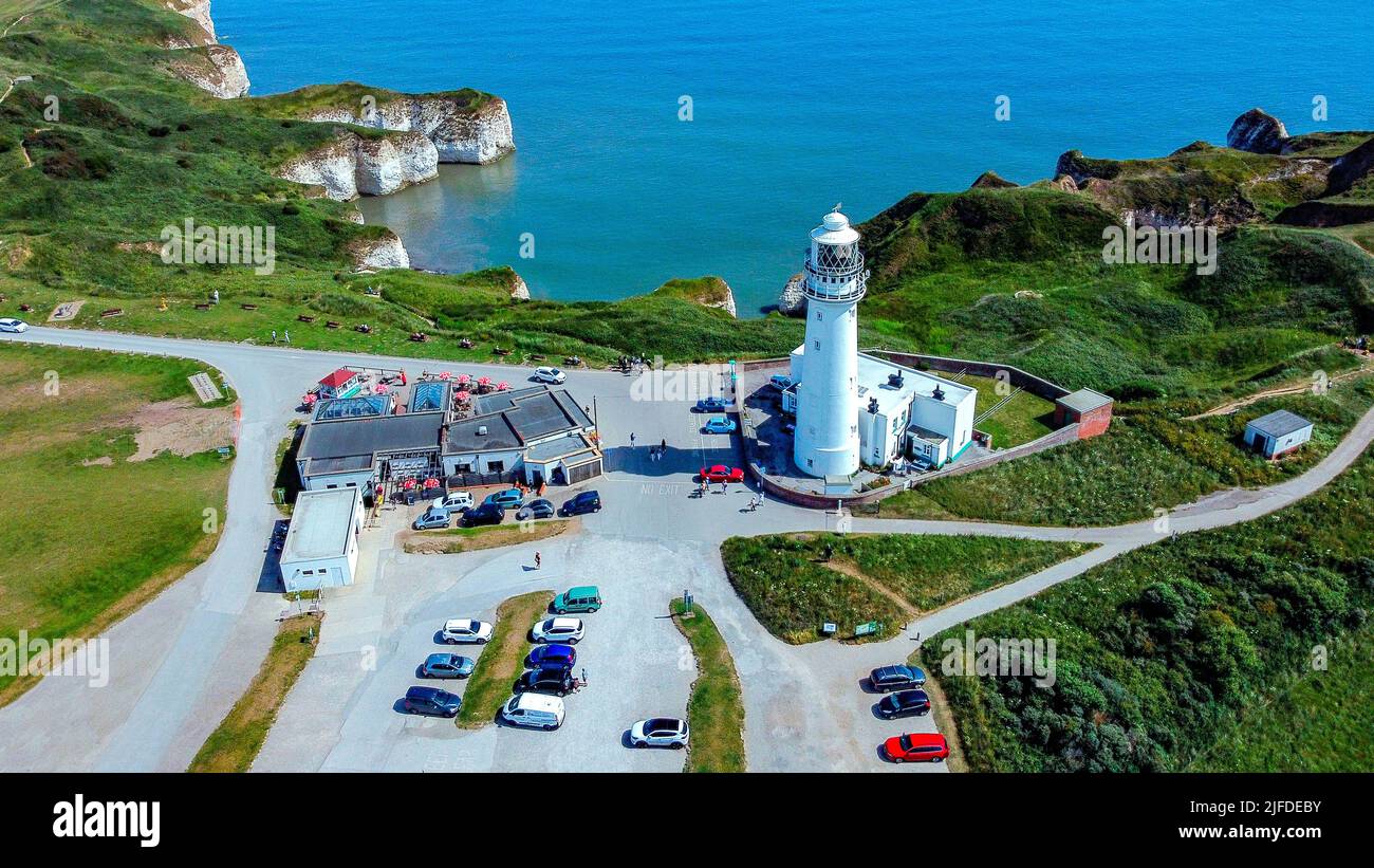 Aerial view of the Lighthouse and cliffs at Flamborough Head in Yorkshire on the northeast coast of England. Stock Photo