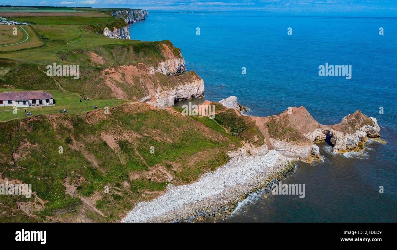 Aerial view of the cliffs at Thornwick Bay near Flamborough Head in Yorkshire on the northeast coast of England. Stock Photo