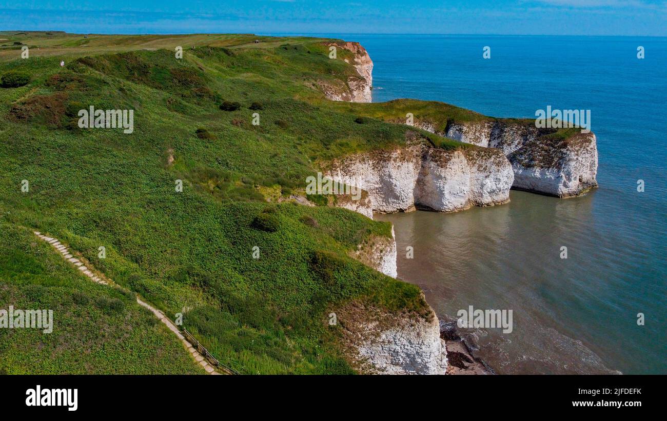 Aerial view of the cliffs at Flamborough Head in Yorkshire on the northeast coast of England. Stock Photo
