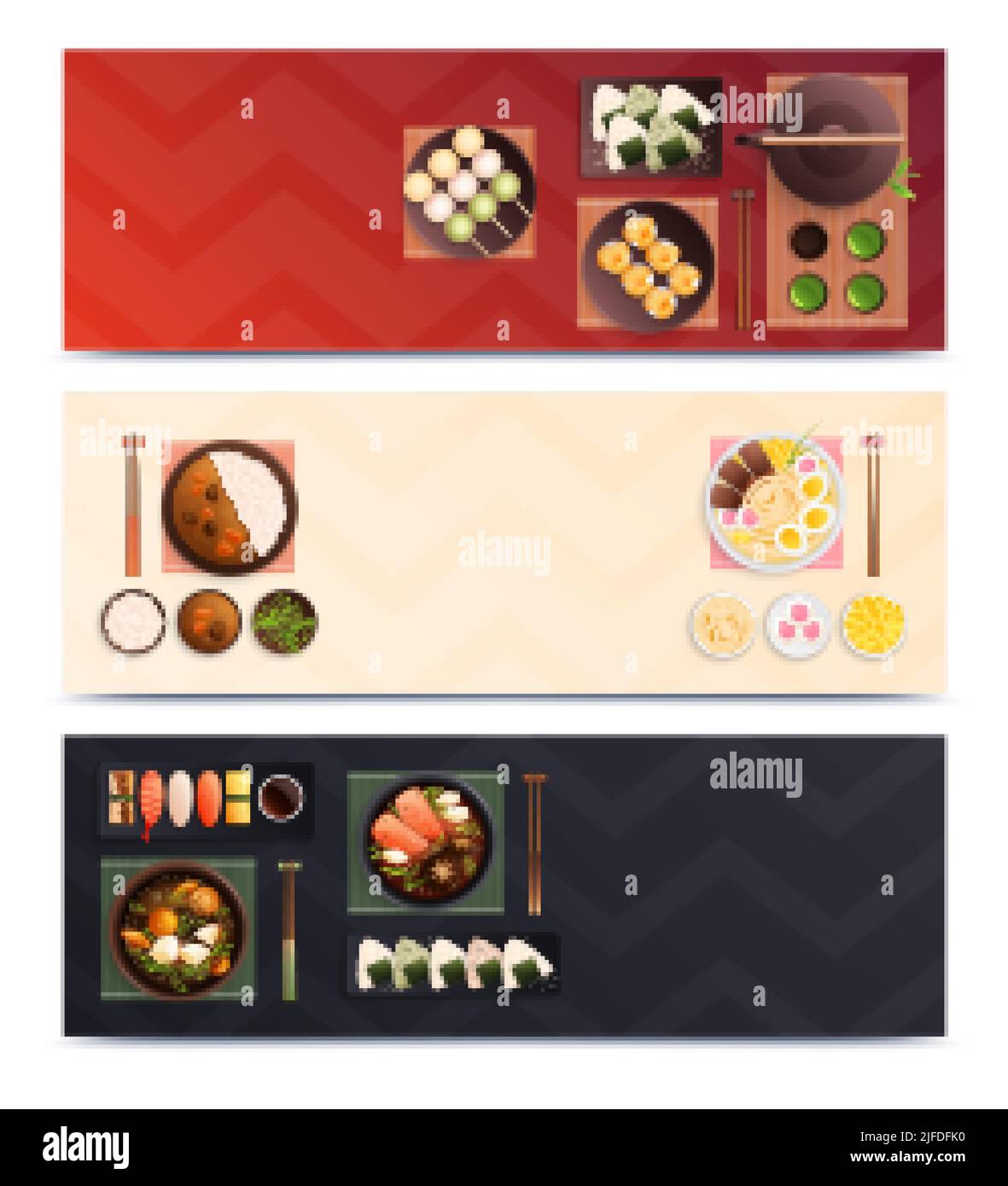 Set of three horizontal traditional japanese food cuisine banners with flat images of dishes with cutlery vector illustration Stock Vector