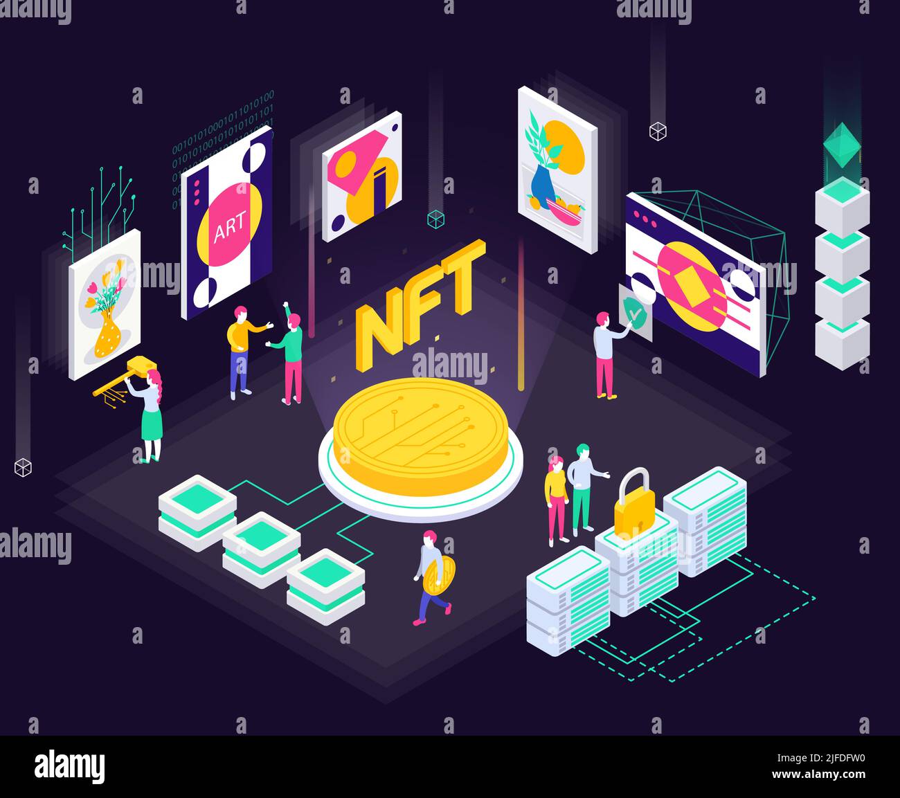 Cryptographic art crypto art nft isometric composition with coin icons servers with lock and art collectors vector illustration Stock Vector