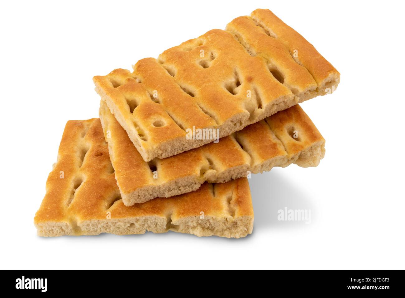 Focaccia bread ligurian tipical of Genova - bread of sourdough and olive oil - stack of three slices isolated on white, clipping path included Stock Photo