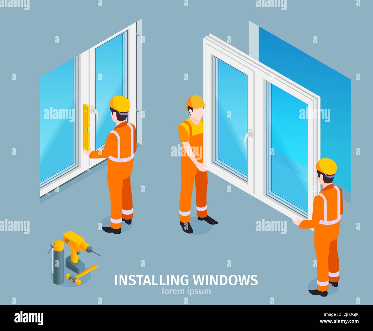 Installing windows isometric background with handymen in uniform and helmets replacing old windows to new ones vector illustration Stock Vector