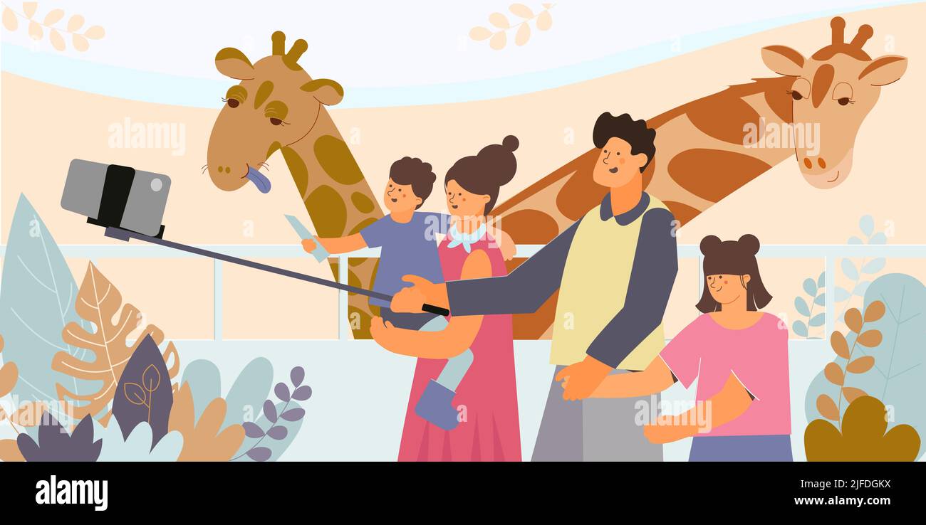 Family is photographed on a selfie stick with giraffes in the zoo flat