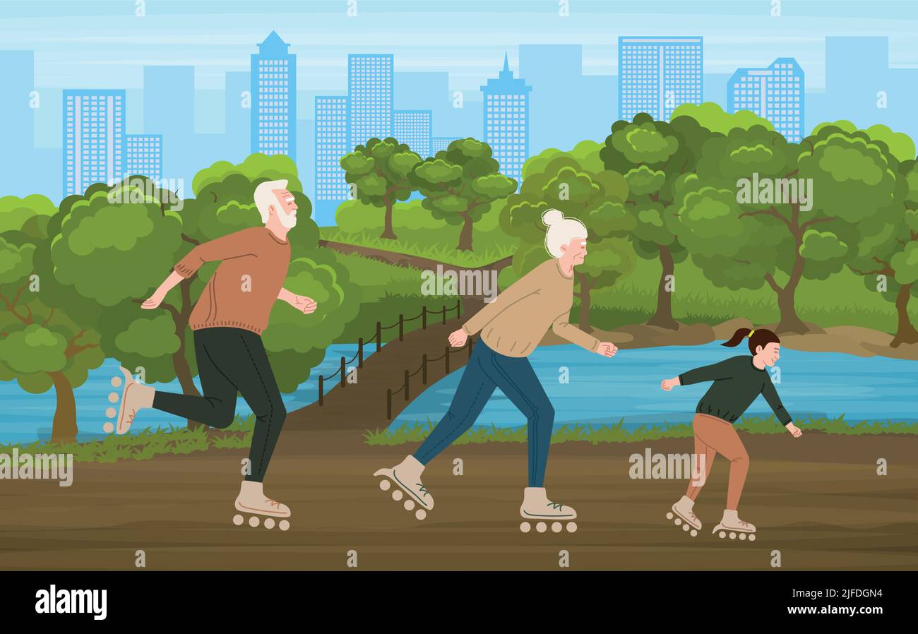 Active seniors and their granddaughter rollerblading in the park color flat vector illustration Stock Vector