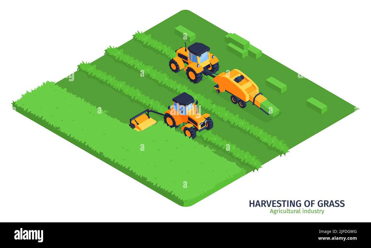 Agricultural industry isometric vector illustration with machinery for harvesting of grass on green field Stock Vector