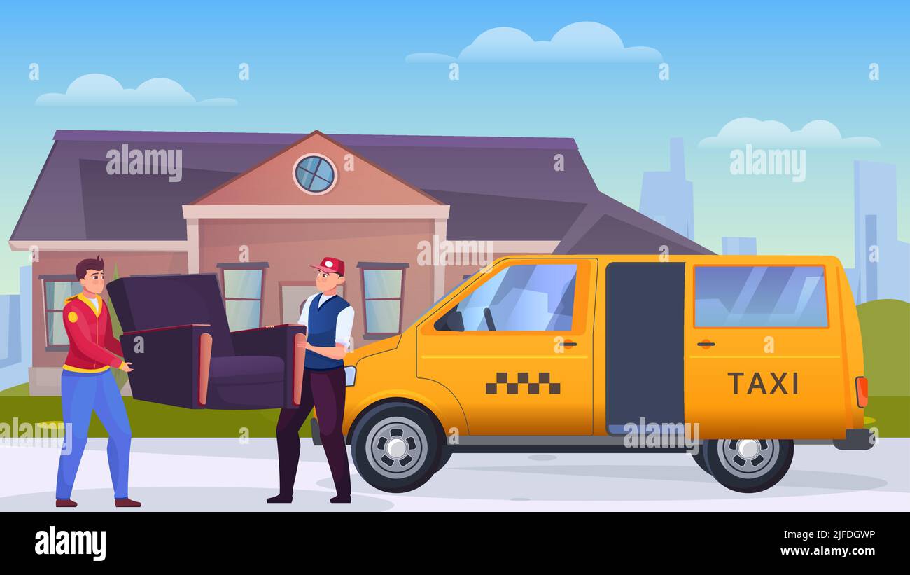 Two men loading a chair into a cargo taxi flat vector illustration Stock Vector