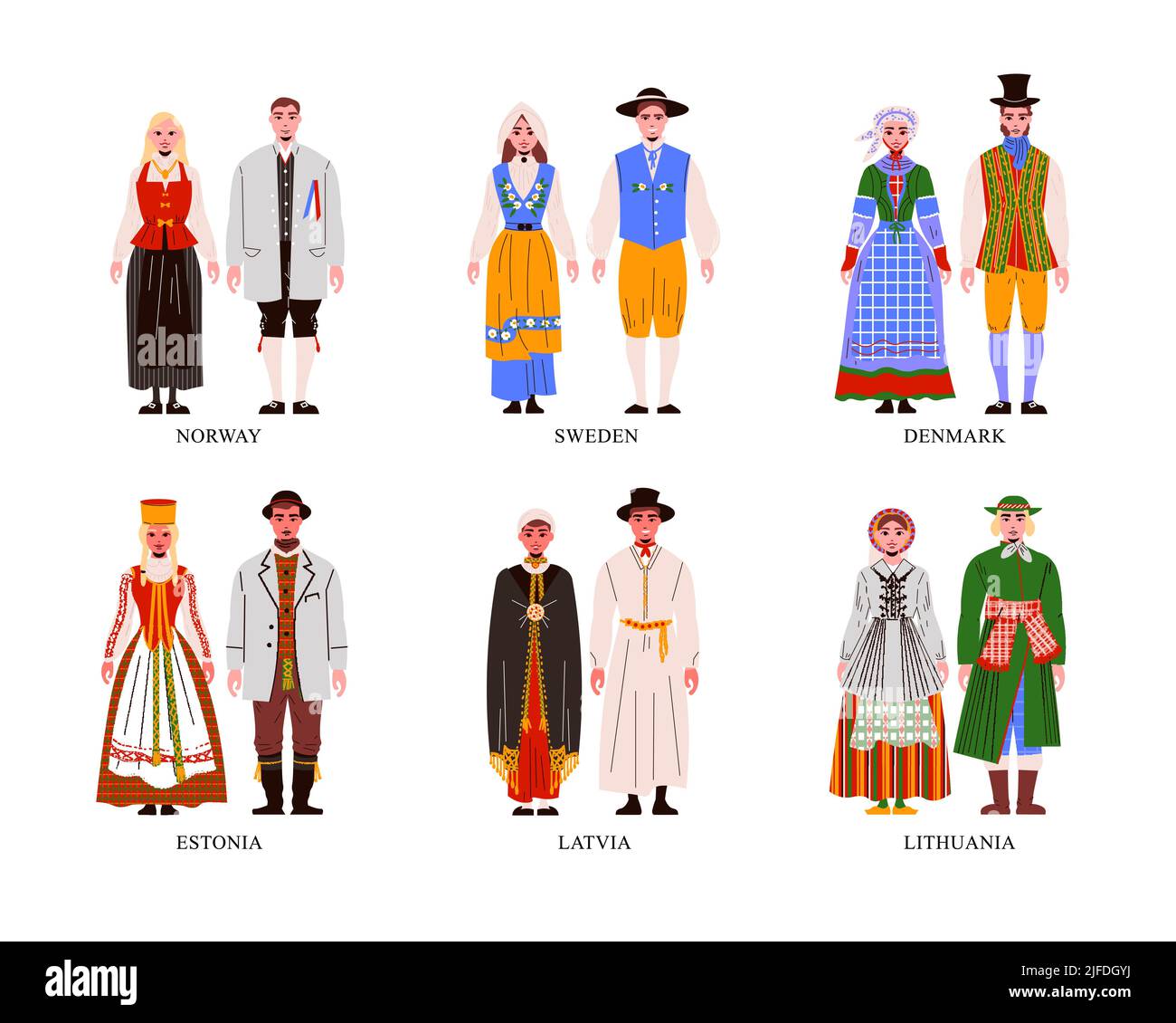 Flat set with women and men wearing different european national costume ...
