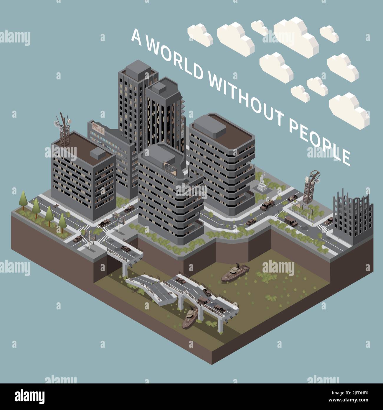 Post apocalypse isometric poster illustrated city landscape and transport without people vector illustration Stock Vector