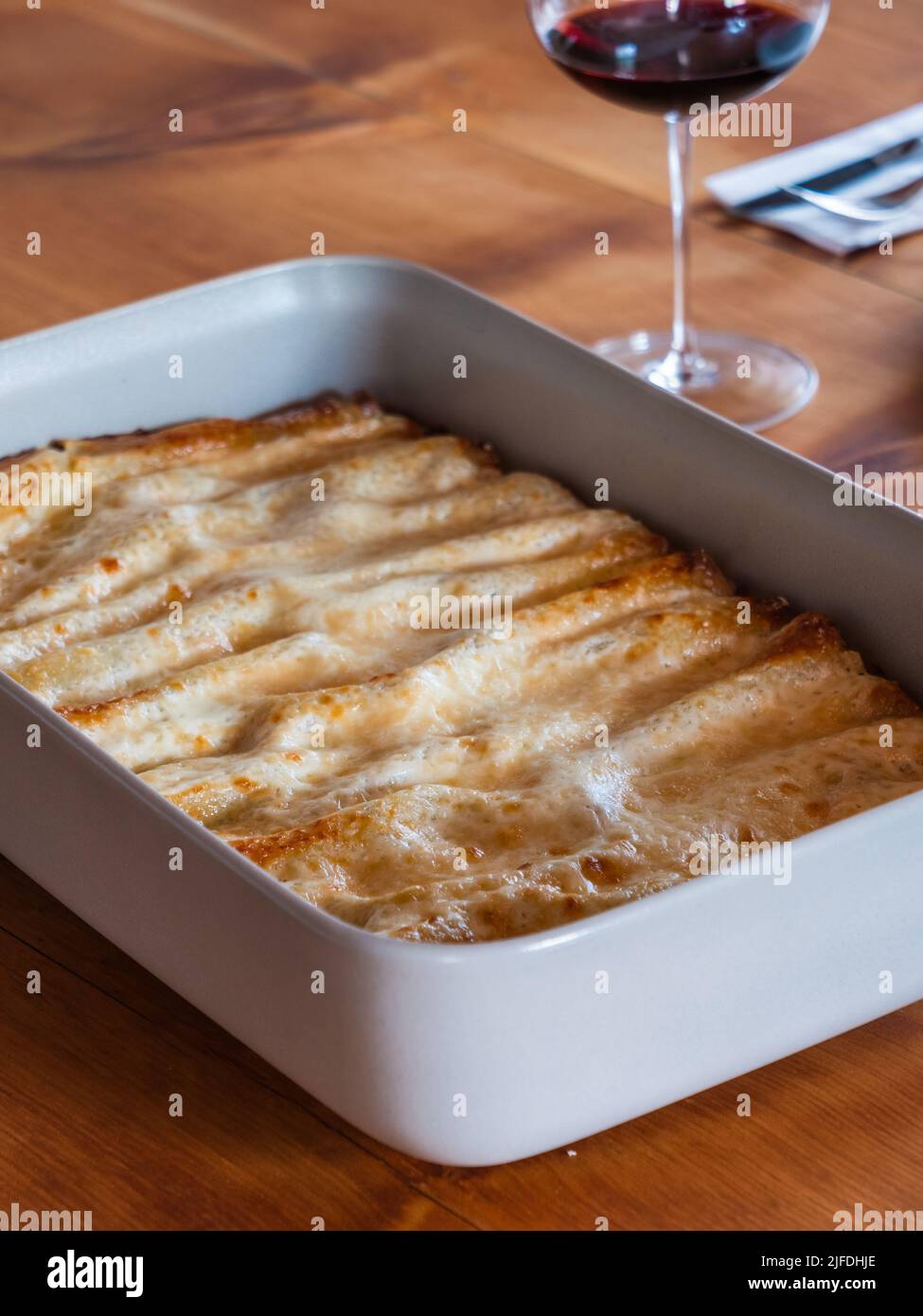 Cannelloni Ripieni di Carne in Bianco alla Umbra, Pasta Stuffed with a White Meat Ragout in the Style of Umbria Stock Photo