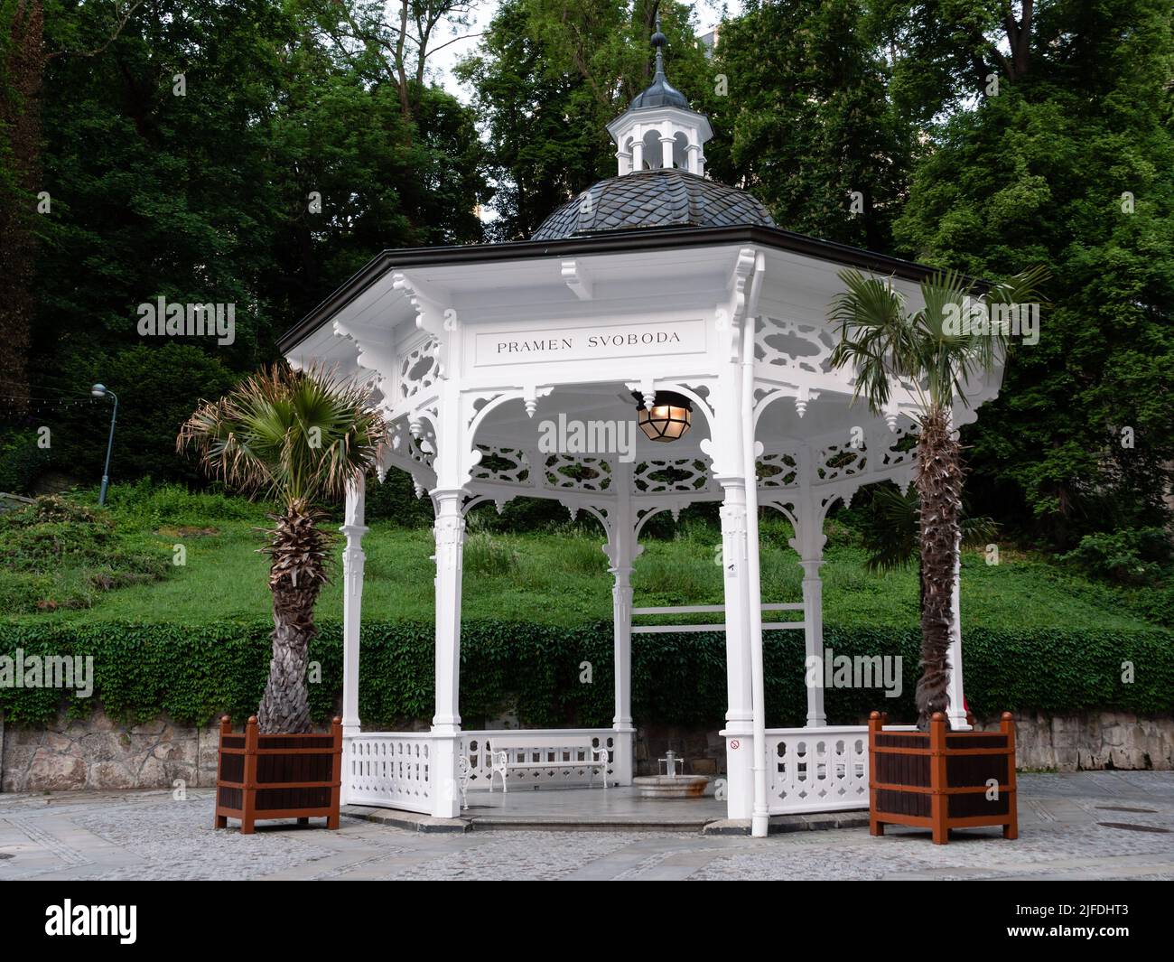 Freedom Spring or Svoboda Pramen Wooden Pavilion with Fountain in Karlovy Vary, Bohemia, Czech Republic Stock Photo