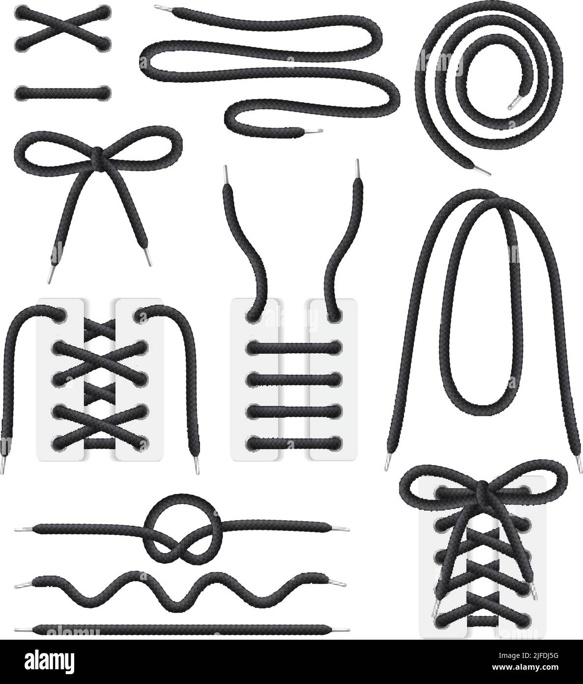 Shoelaces spiral curly coiled wavy white black realistic set with shoes