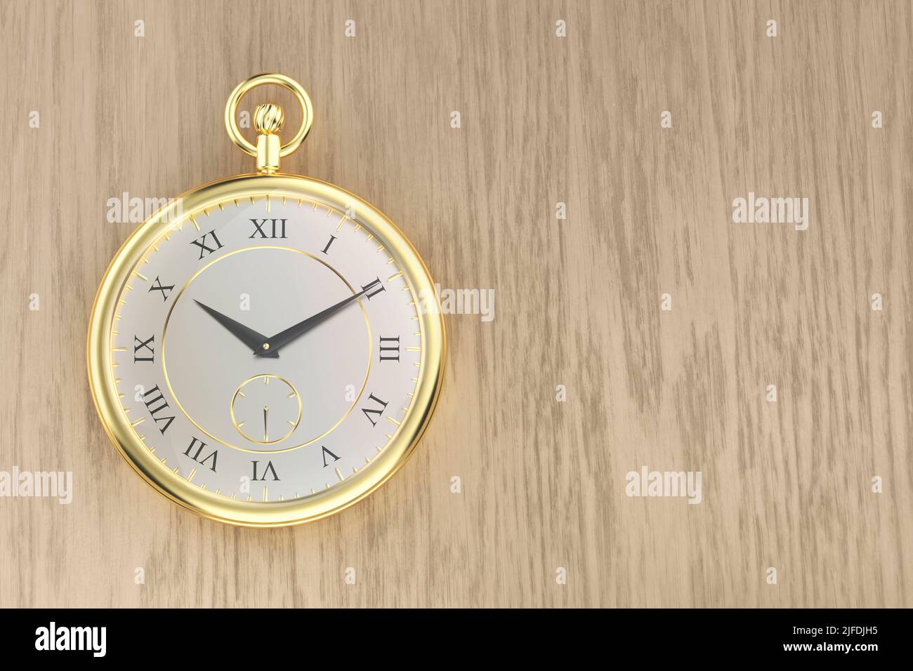 Shiny golden pocket watch on the wooden table, top view Stock Photo