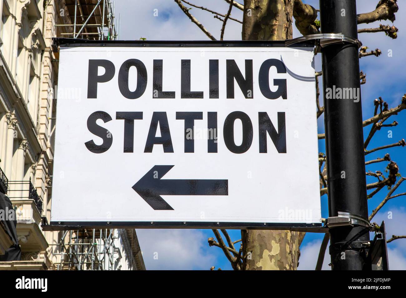 A sign for a Polling Station during a local election in central London, UK. Stock Photo