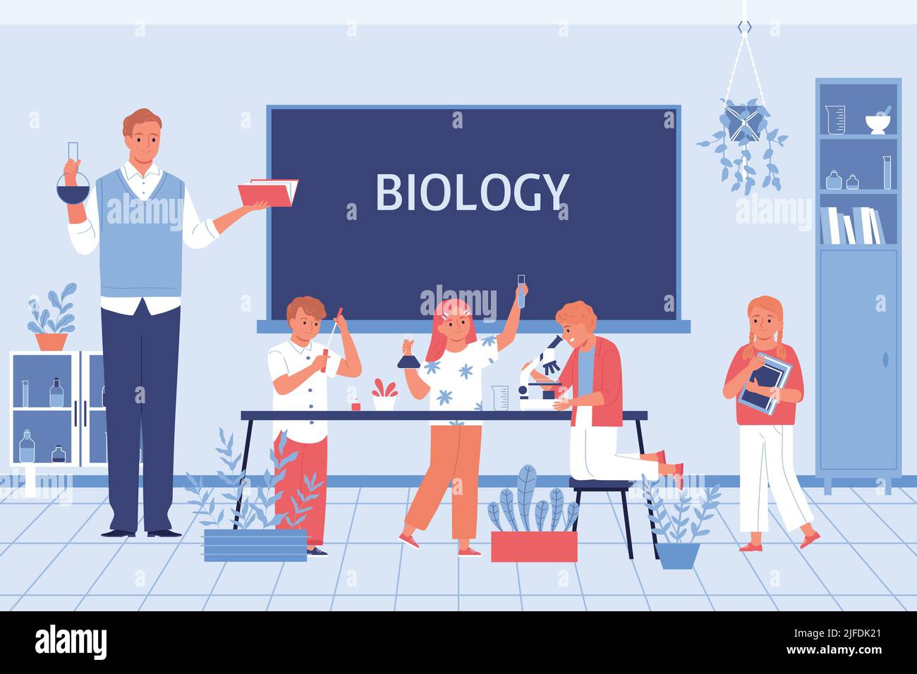 The teacher conducts laboratory work in biology with children flat