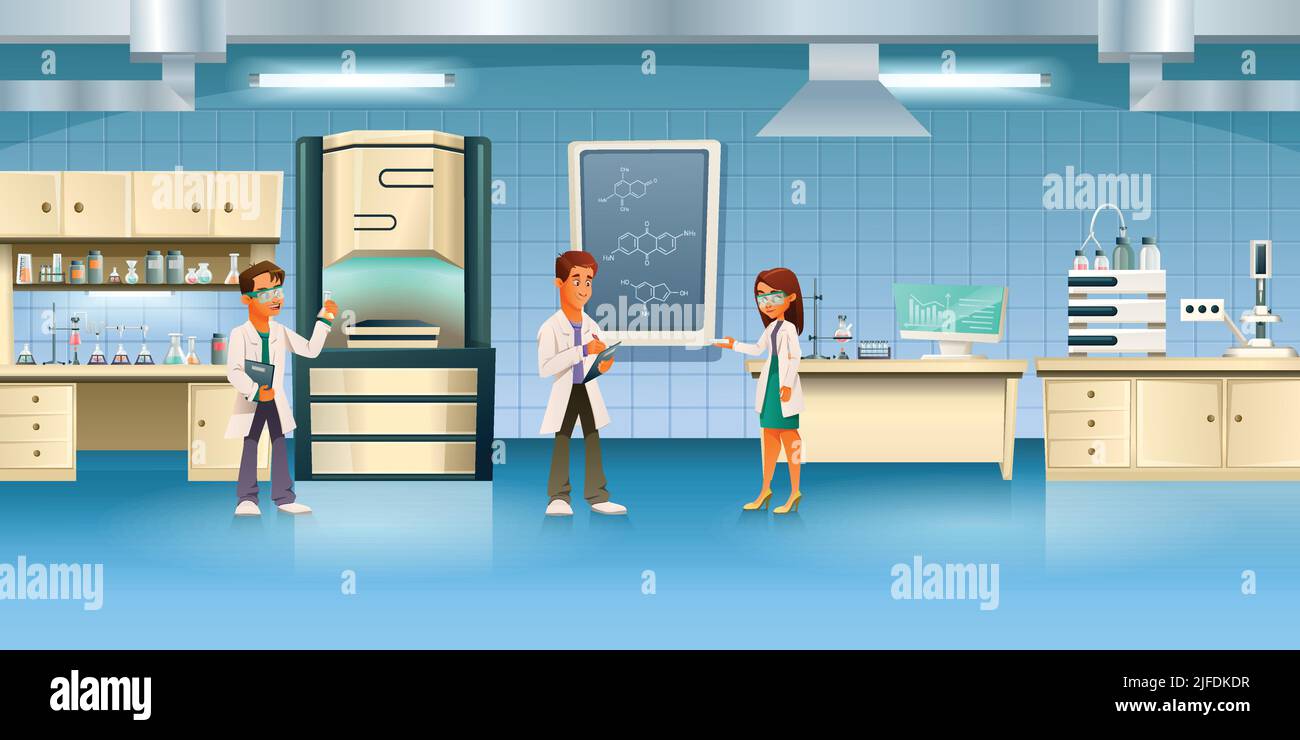 Scientists cartoon composition with indoor view of laboratory with test ...