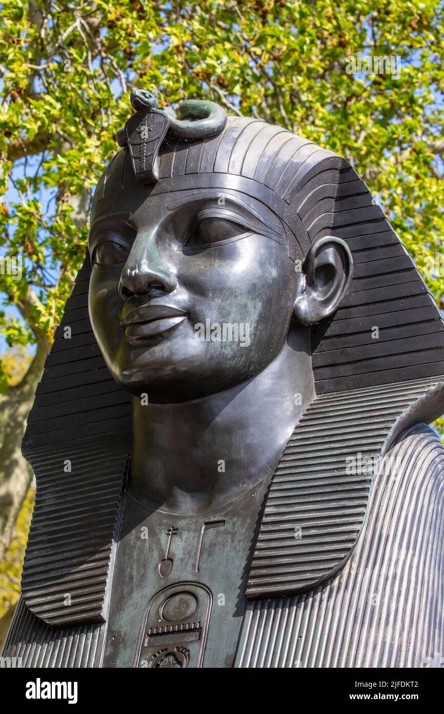 An Egyptian Sphinx located at the base of Cleopatras Needle on the Victoria Embankment in London, UK. Stock Photo