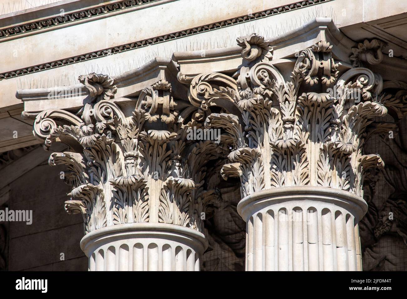 Close-up shot of the intricate detail of the exterior columns of St. Pauls Cathedral in the city of London, UK. Stock Photo