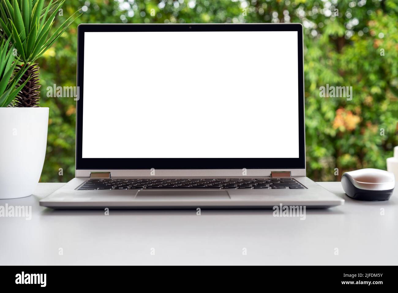 Laptop with black white screen of top of table Stock Photo