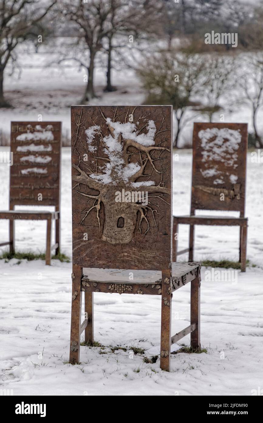 Magna Carta Jurors Public Art installation Chair in snow depicting Autralian Boab Tree used as 'jail' Stock Photo