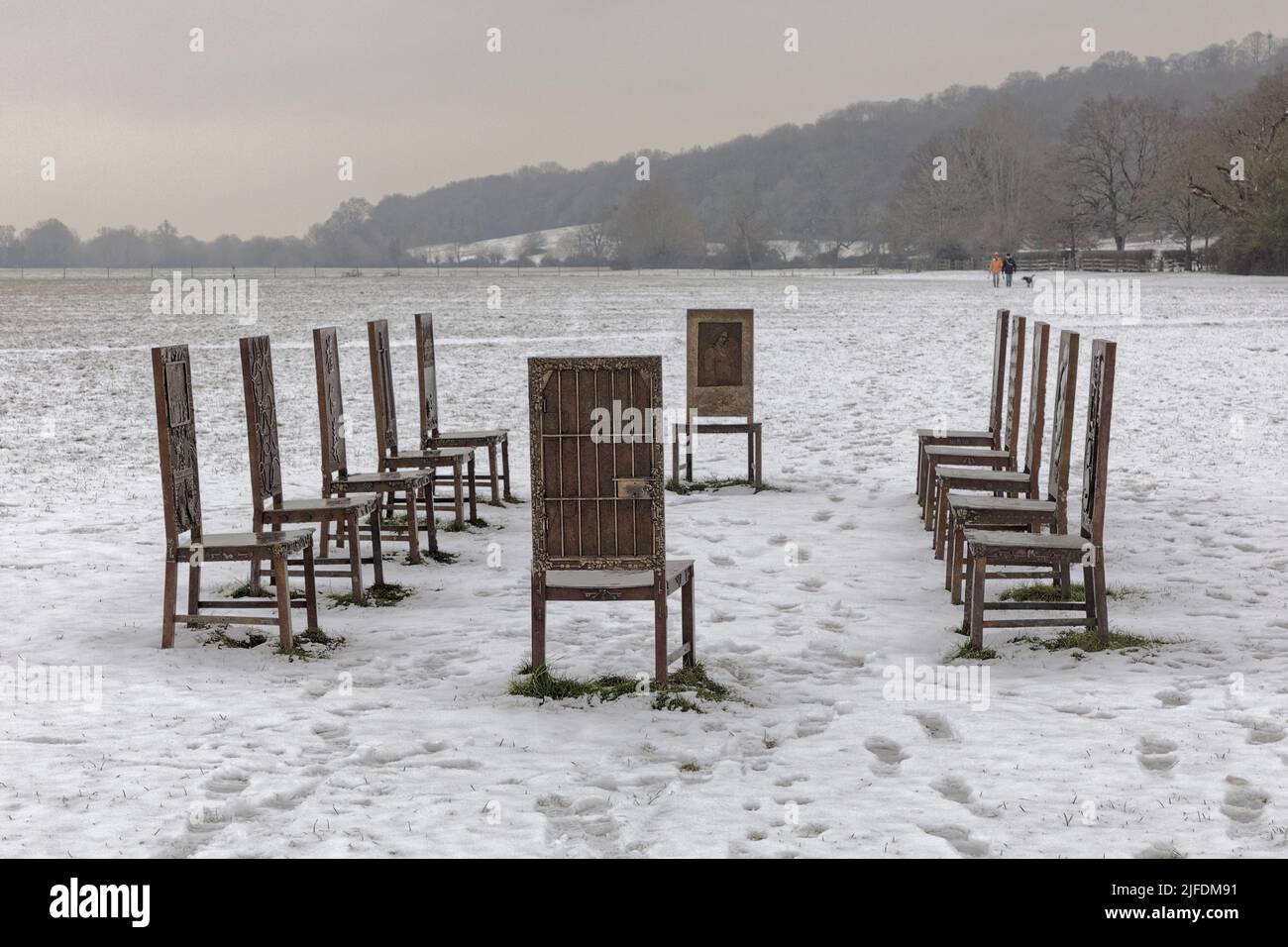 Chairs of The Jurors Public Art installation in snow at Runnymede where Magna Carta was sealed Stock Photo