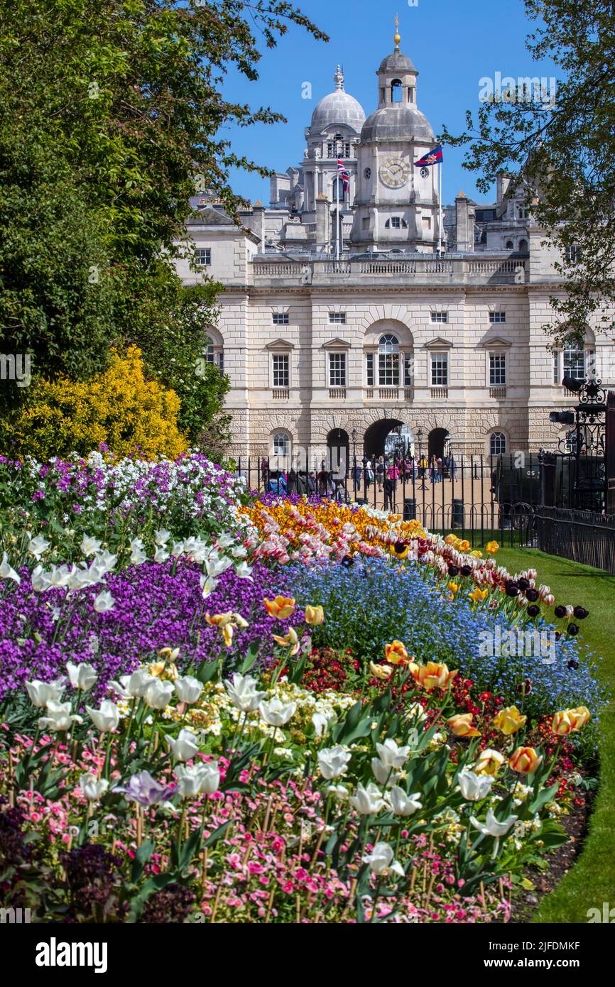 London, UK - April 20th 2022: View of Horse Guards from the beautiful flowers at St. Jamess Park in London, UK. Stock Photo