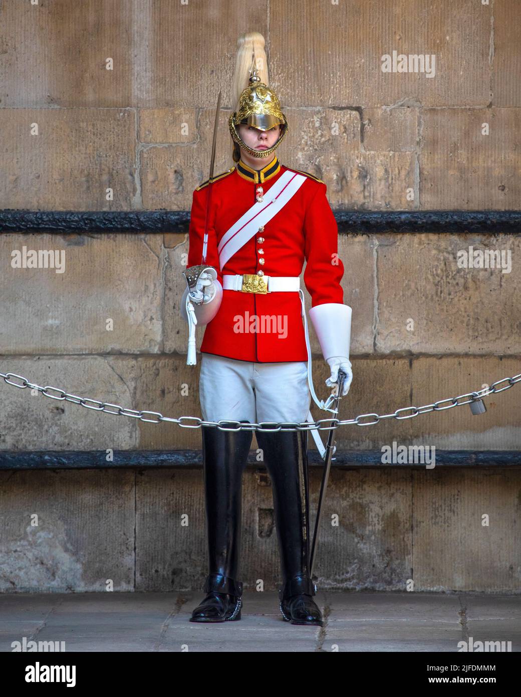 London, UK - April 20th 2022: A Queen’s Life Guard, pictured at Horse Guards Parade in Westminster, London, UK. Stock Photo
