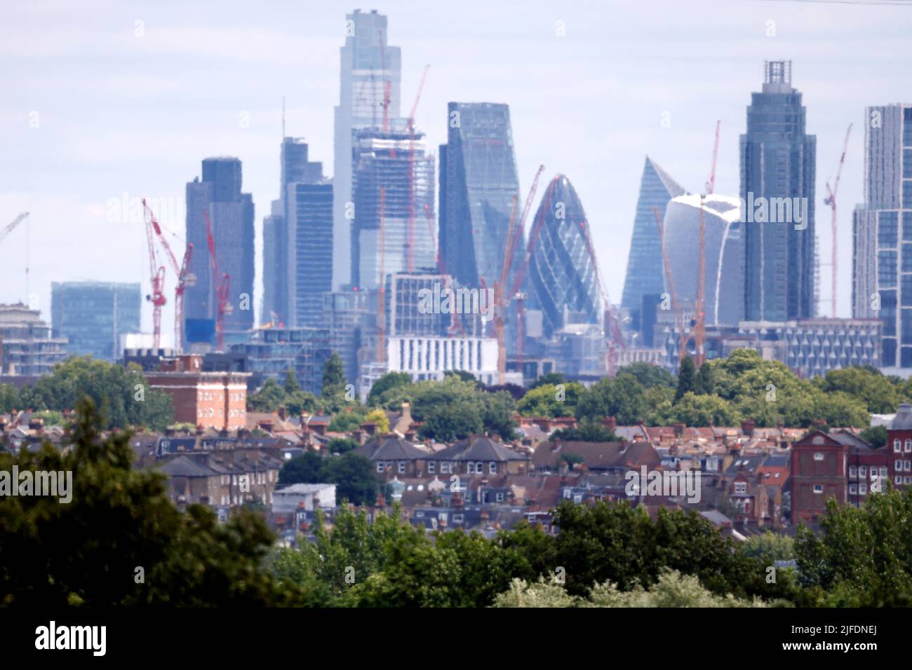 A view of the city of London skyline from within the grounds during day six of the 2022 Wimbledon Championships at the All England Lawn Tennis and Croquet Club, Wimbledon. Picture date: Saturday July 2, 2022. Stock Photo
