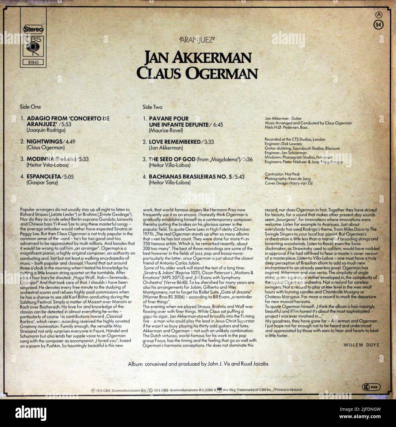 Jan Akkerman, Claus Ogerman with Symphony Orchestra: 1978. LP back cover 'Aranjuez' Stock Photo