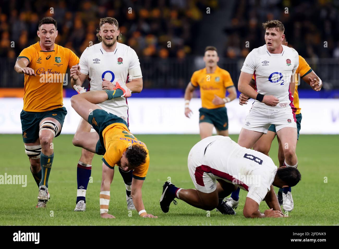 Perth, Australia, 2 July, 2022. Tom Banks of the Wallabies is injured during the rugby international test match between the Australia Wallabies and England at Optus Stadium on July 02, 2022 in Perth, Australia. Credit: Graham Conaty/Speed Media/Alamy Live News Stock Photo